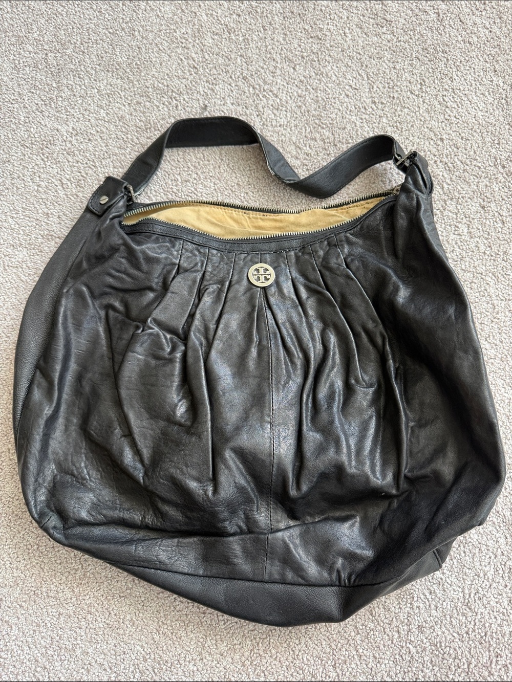Black Leather Hobo Bag with Pleated Front
